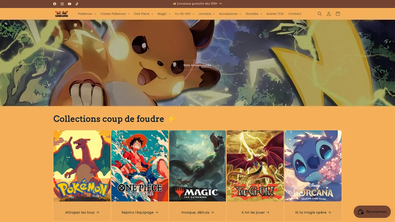 Aperçu du site SAKURO - Produits TCG : Pokémon, One Piece, Magic, Lorcana, Yu-Gi-Oh!