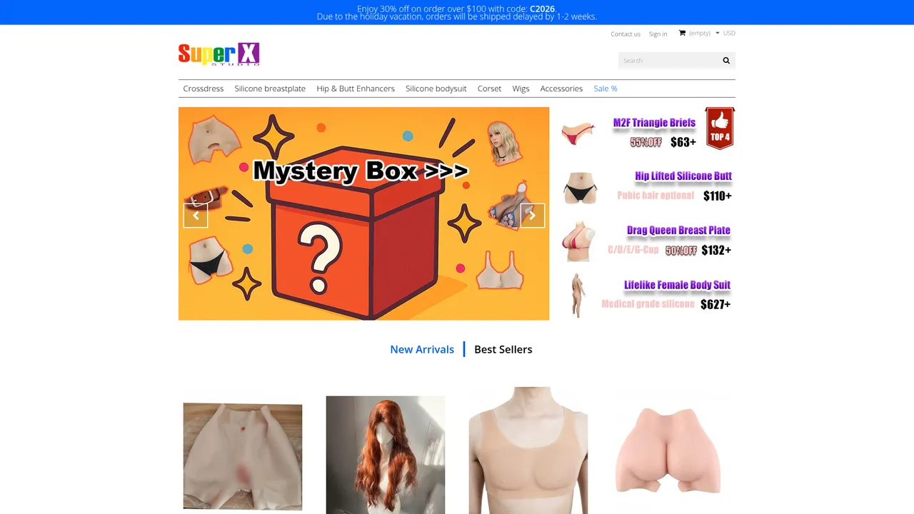 Aperçu du site Super X Studio : crossdresser, produits pour transgenres