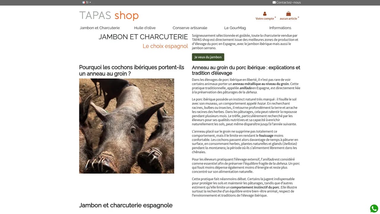Screenshot de Tapas-shop, jambon de bellota et Pata negra