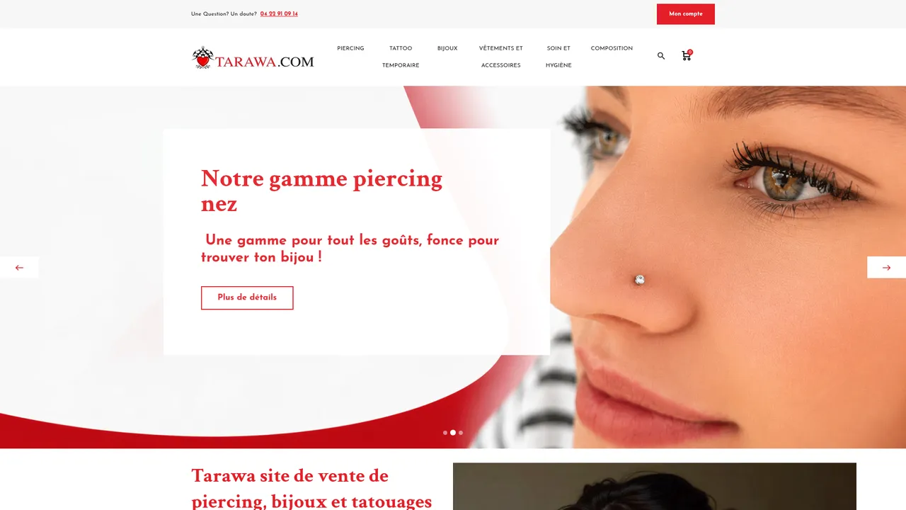 Aperçu du site Tarawa : vente de Bijoux - Piercings - Tatouages temporaires