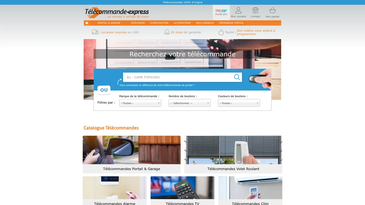 Aperçu du site Télécommande-Express, l'expert de la vente en ligne de télécommandes portail