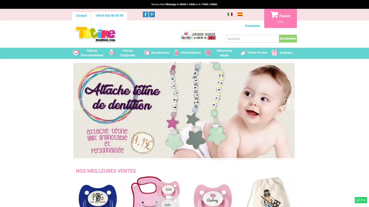 Aperçu du site Tétinemania: articles pour bébé, tétine personnalisée