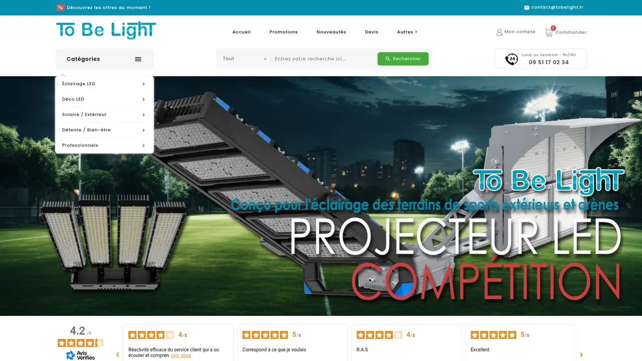 Aperçu du site To Be Light - Vente de luminaires et dalles LED personnalisées