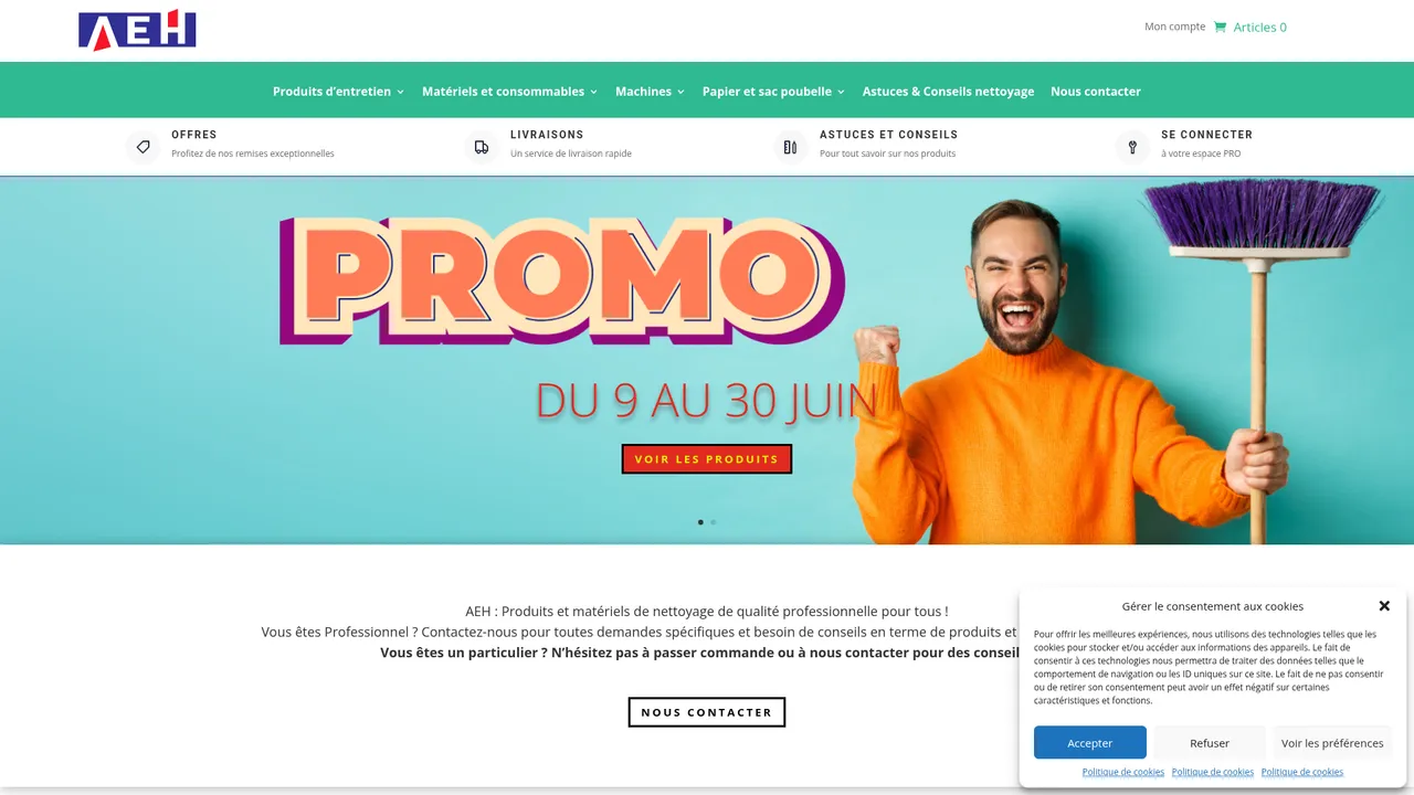 Aperçu du site AEH - produits et matériels de nettoyage