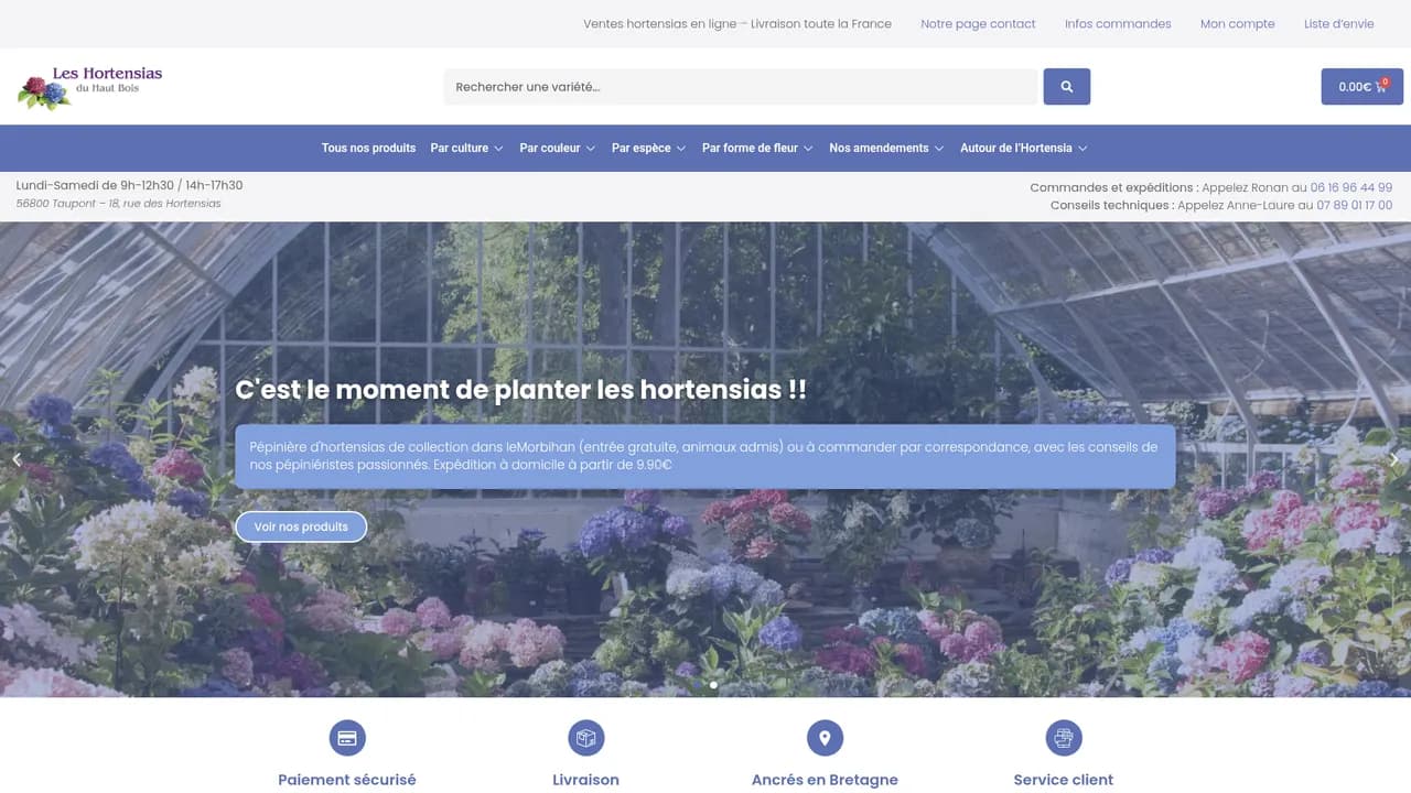 Aperçu du site Ventes hortensias en ligne