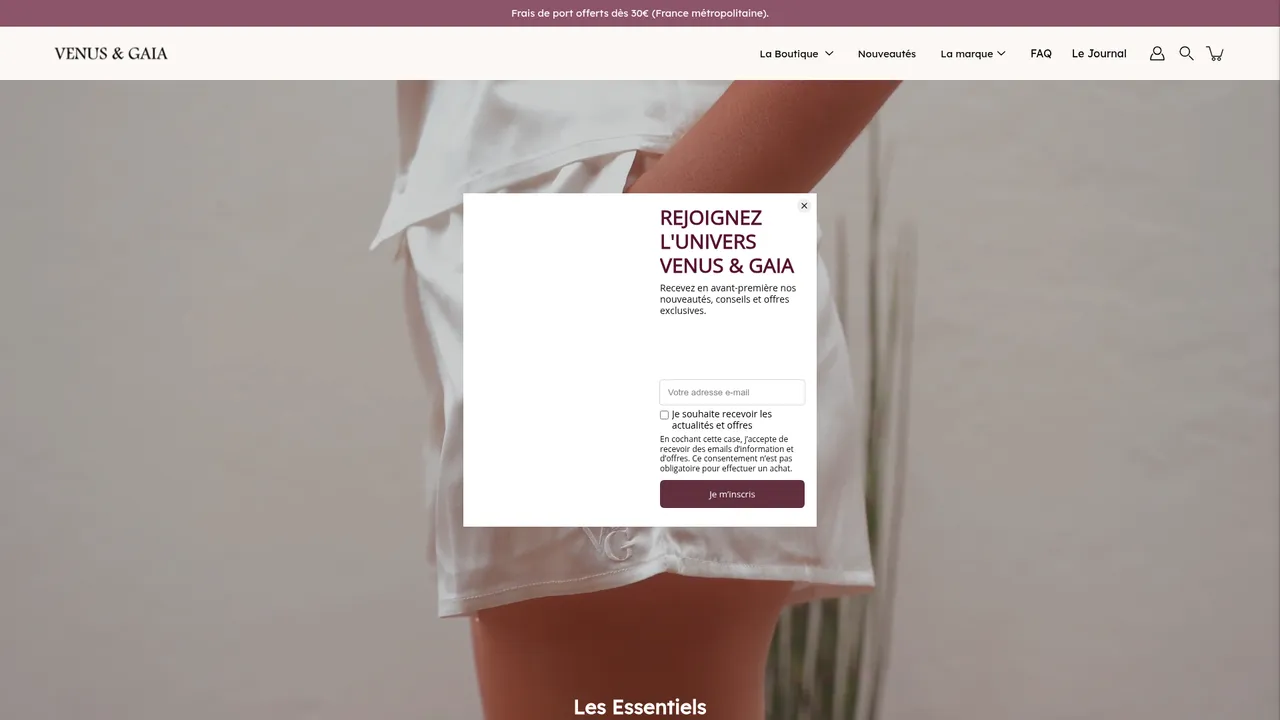 Aperçu du site Venus & Gaia : produits de nuit en soie
