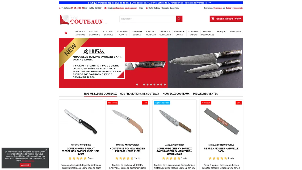 Aperçu du site Vos-Couteaux, large choix de couteaux et accessoires de coutellerie